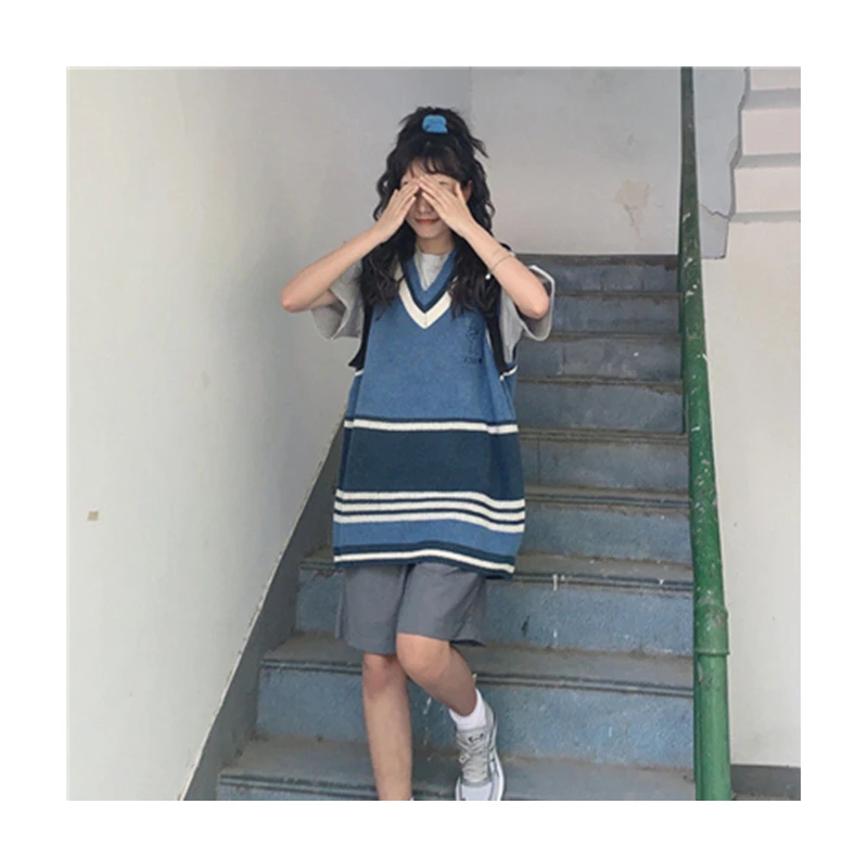 

Vest Women Retro Sleeveless Korean-style Loose Striped Knitted V-neck Sweaters Student Preppy-style All-match Fashion New