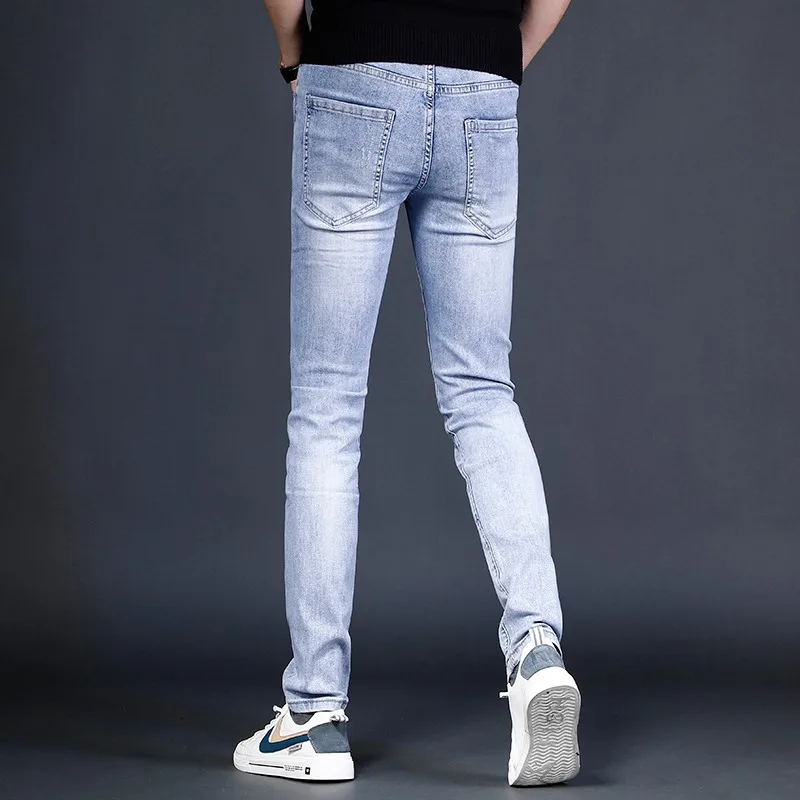 2022 Summer Fashion Light Blue Jeans Men Slim Fit Pants Letter Rhinestones Printed Jean Streetwear Casual Stretch Denim Trousers