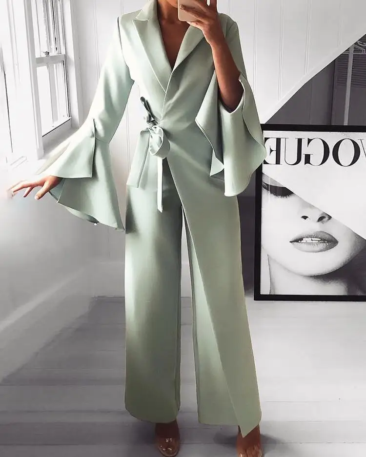 Женский комбинезон с длинным рукавом элегантный офисный расклешенным и широкими