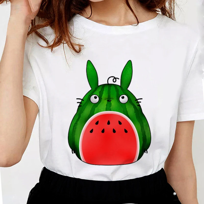 

Новые летние милые женские футболки с принтом арбуза Тоторо забавная футболка с японским мультяшным принтом мягкие хлопковые повседневные...