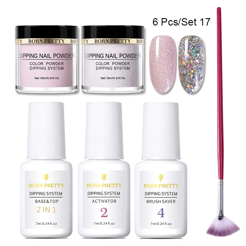 6PCS Set 17 BORN PRETTY погружение ногтей порошок Набор база и Топ 2 в 1 гель голографический натуральный сухой активатор градиент французский без лампы лечения - Цвет: 6PCS Set 17