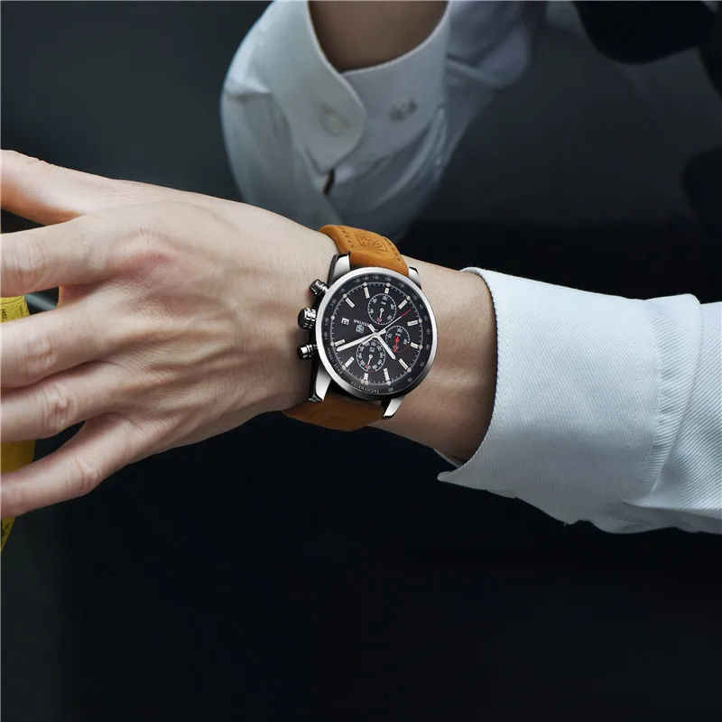 Часы BENYAR Мужские кварцевые с календарем и ремешком из натуральной кожи 5102 |