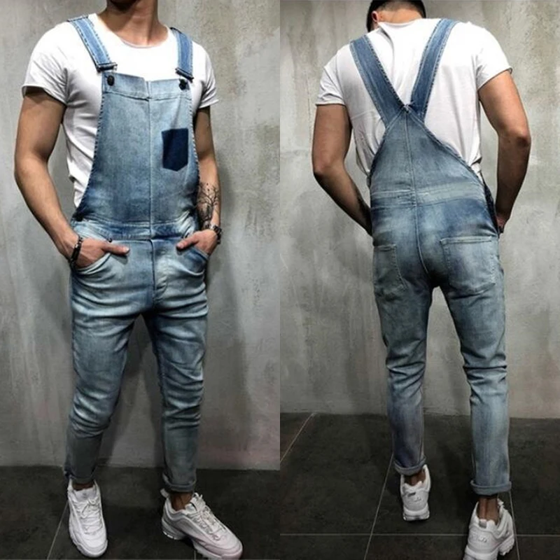 Летний джинсовый комбинезон мужской модный потертый уличный рваные джинсы
