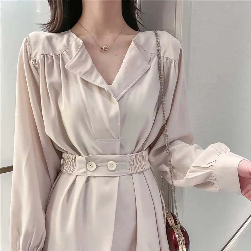 Nuevo 2021 primavera y otoño de las mujeres Slim Vestido de manga larga Vintage camisa elegante Oficina vestidos de una pieza de moda coreana vestido