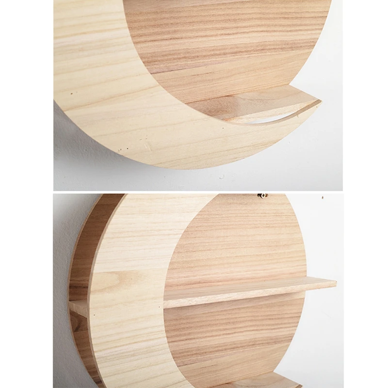 

Nordic Round Wooden Wall-Mounted Moon Shaped Frame Simple Art Hanging Flower Pot Storage Shelf Home Supplies