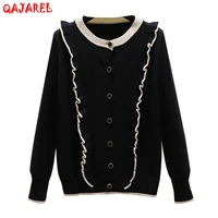 2022 black vintage knitted cotton cardigan women korean elegant bodycon sweaters autumn winter casual loose fitting top sweaters