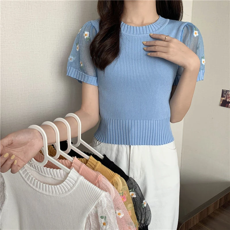

Vintage Sexy Knitted T-shirt Short Chiffon Puff Sleeve Mesh Lace Patchwork Hollow Out Tees Shirt Summer Elegant Tops Korean 2021