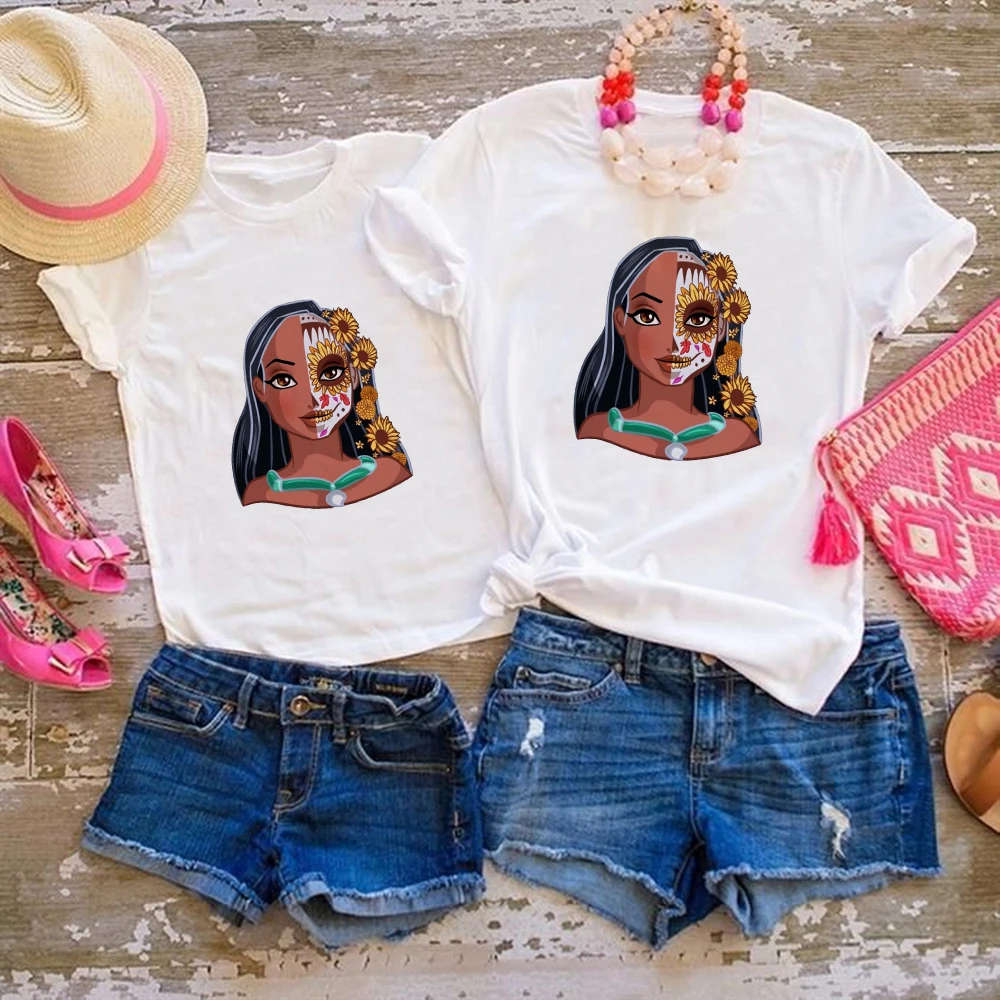 

Pocahontas Disney Mother Kids Family Matching T Shirt Womens New Skeleton Princess Print Mom and Daughter Clothes Plus Size