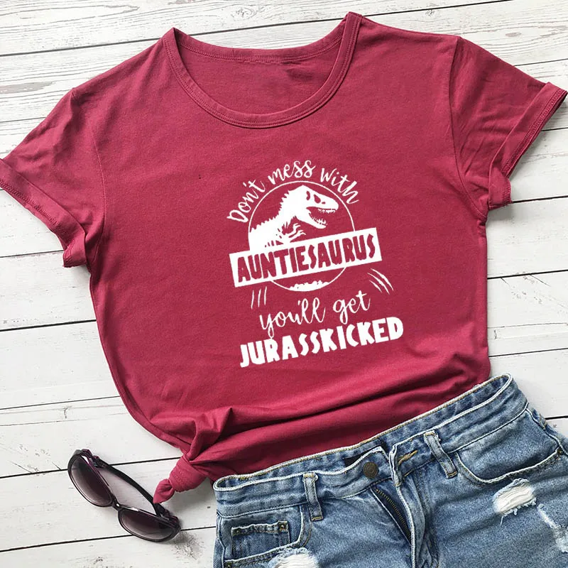 burgundy-white text Не связывайтесь с AuntieSaurus Новое поступление графическая женская летняя забавная футболка из хлопка Auntie рубашка подарок для тети лучшая тётя когда-либо - Цвет: burgundy-white text