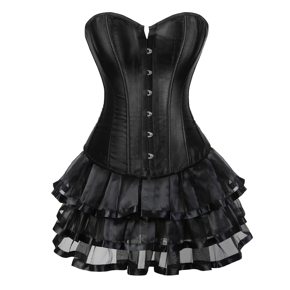 

Gothic Vintage Corset Dress Women Sexy Satin Overbust Corset Bustier Top With Striped Mini Tutu Skirt Set Burlesque Lingerie