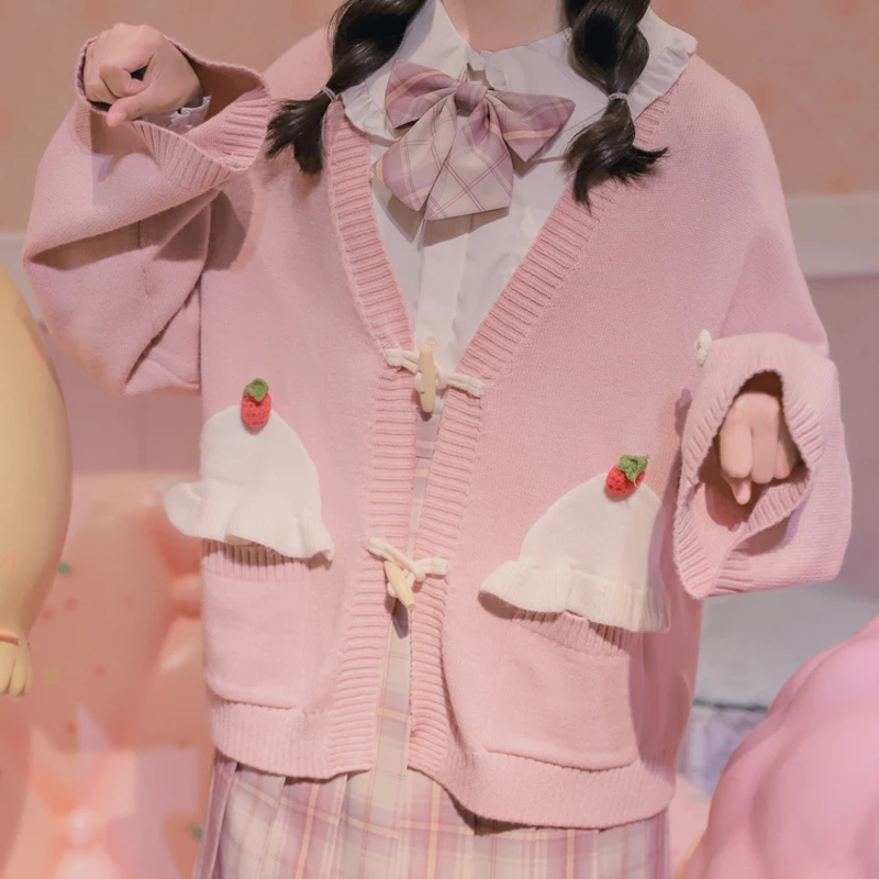 

Милый мягкий кардиган в стиле "Лолита" для девочек, женский свитер с длинным рукавом и изображением клубники в японском стиле, Женская милая ...