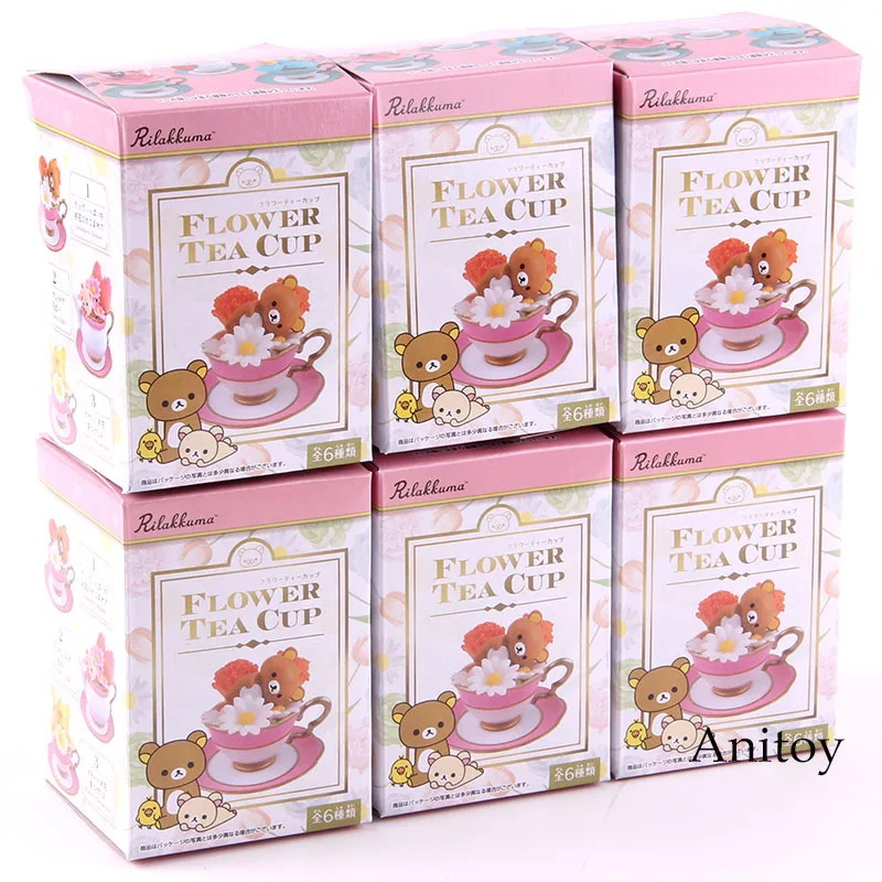 Медвежонком-рилаккумой Цветочный чай чашка ПВХ Rilakkuma фигурку Kawaii милые украшения куклы Коллекционные модели игрушки 6 шт./компл