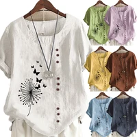 women s summer dandelion butterfly printed short sleeve round neck t shirt ladies casual linen shirts plus size tops