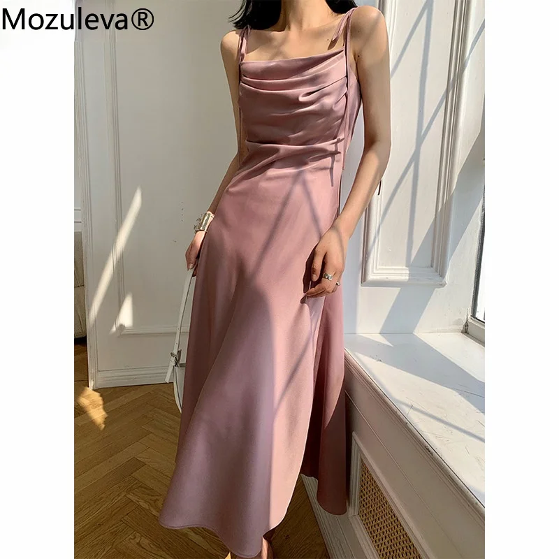

Mozuleva 2022 Elegant Chic Slash Neck Sleeveless Women Solid Dress Summer New Spaghetti Strap Lace-up Slim Waist Ladies Vestidos