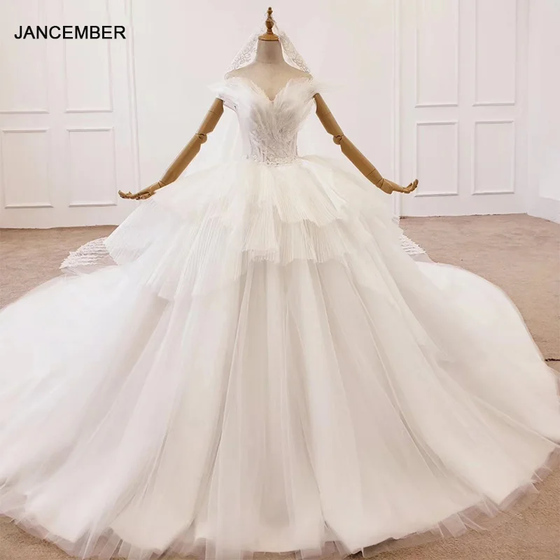 

HTL1370 Off Shoulder Tiered Wedding Dress With Veil Sexy Wedding Dress Custom Made Wedding Gown Feathery Top sukienka ślubna
