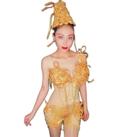 embellished beaded costume appliques sling playsuits headwear personality performance costume ladies nightclub dance show wear