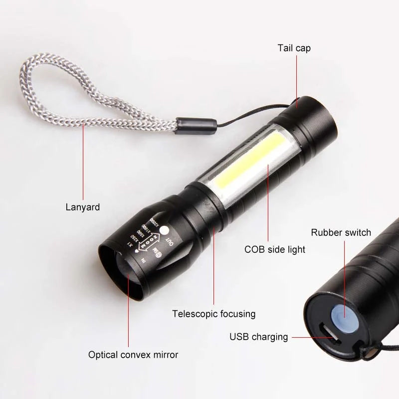 Светодиодный мини-фонарик XPE + COB 1 шт. перезаряжаемый USB для работы рыбалки