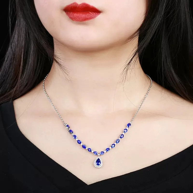 

New Arrivals Luxury S925 Jewelry Inlay Oval Blue Zircon Water Drop Pendant Necklace Women's Wedding Party Dainty Unusual Choker