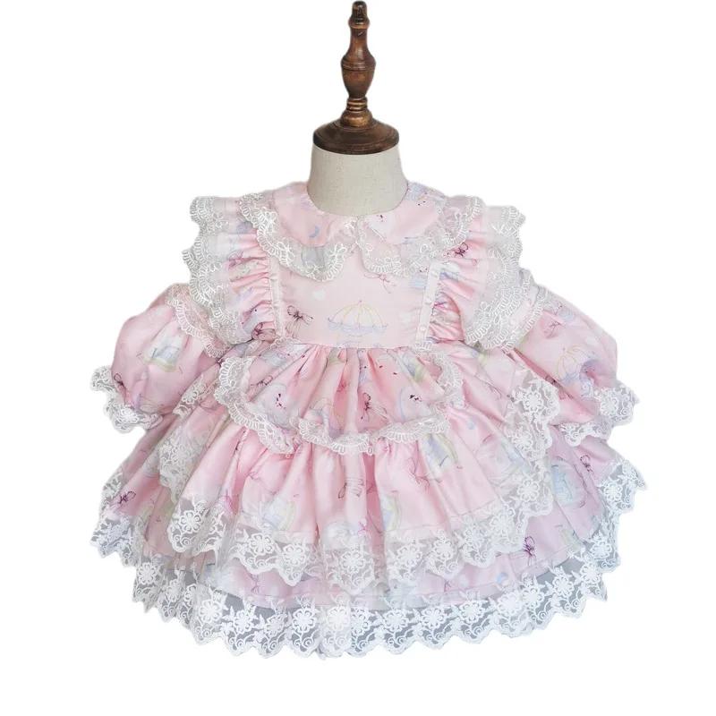 

2Pcs Spanish Girls Pink Dress Baby Lolita Princess Ball Gown Infant Boutique Clothes Children 1st Birthday Easter Party Dresses