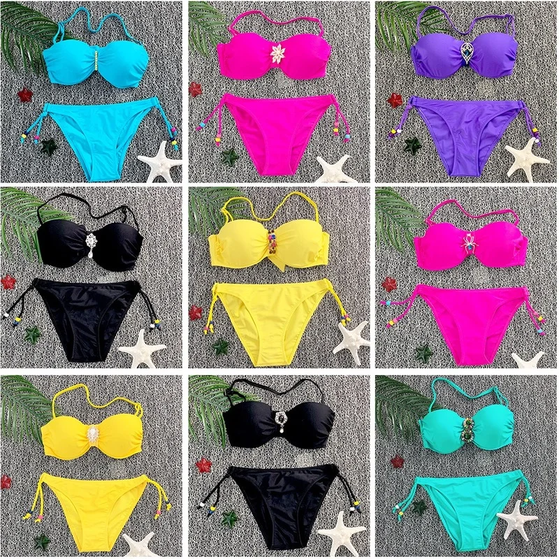

Swimwear for Women 2021 New Sexy Bikini Swimsuit with Steel Support Gathers Low Waist Briefs Fashion Beach Solid Bikini Set