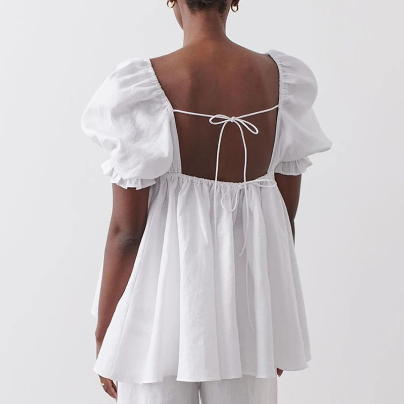 

ONEINALL Solid Shirts For Women Square Collar Puff Short Sleeve Backless Lace Up Sexy Blouses Female 2021 Summer Streetwear Tide