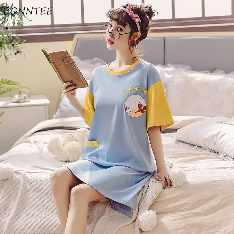 

Nightgowns Women Short Sleeve Patchwork Pocket Letter Printed Fashion Stylish Side Slit Summer Nightshirt Student Cute Loose New