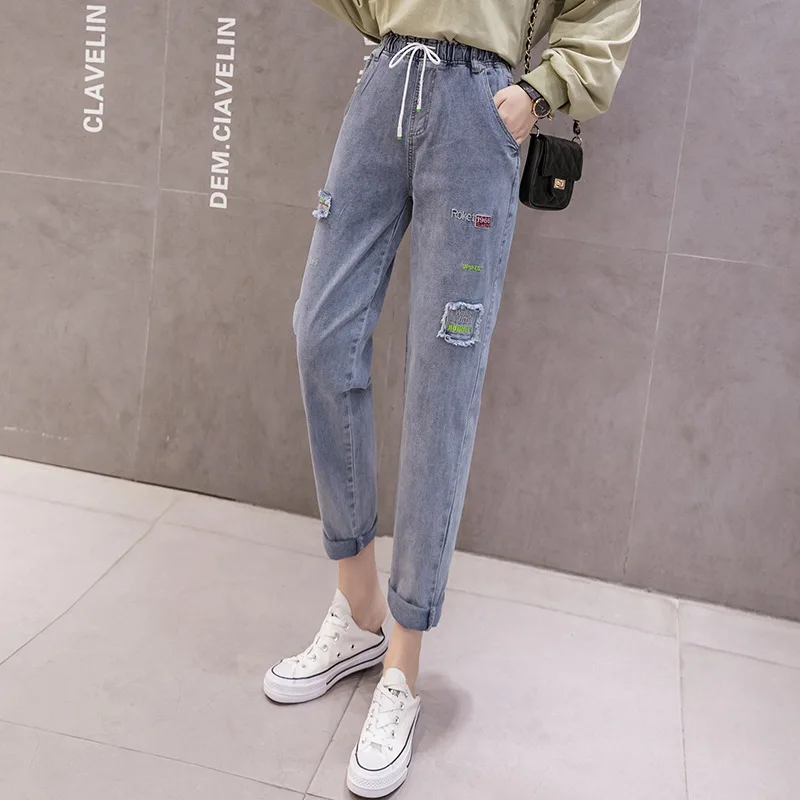 

Autumn 2020 Elastic Waist Wide Leg Jeans Women's loose Korean students' nine point large high waist embroidered straight pants