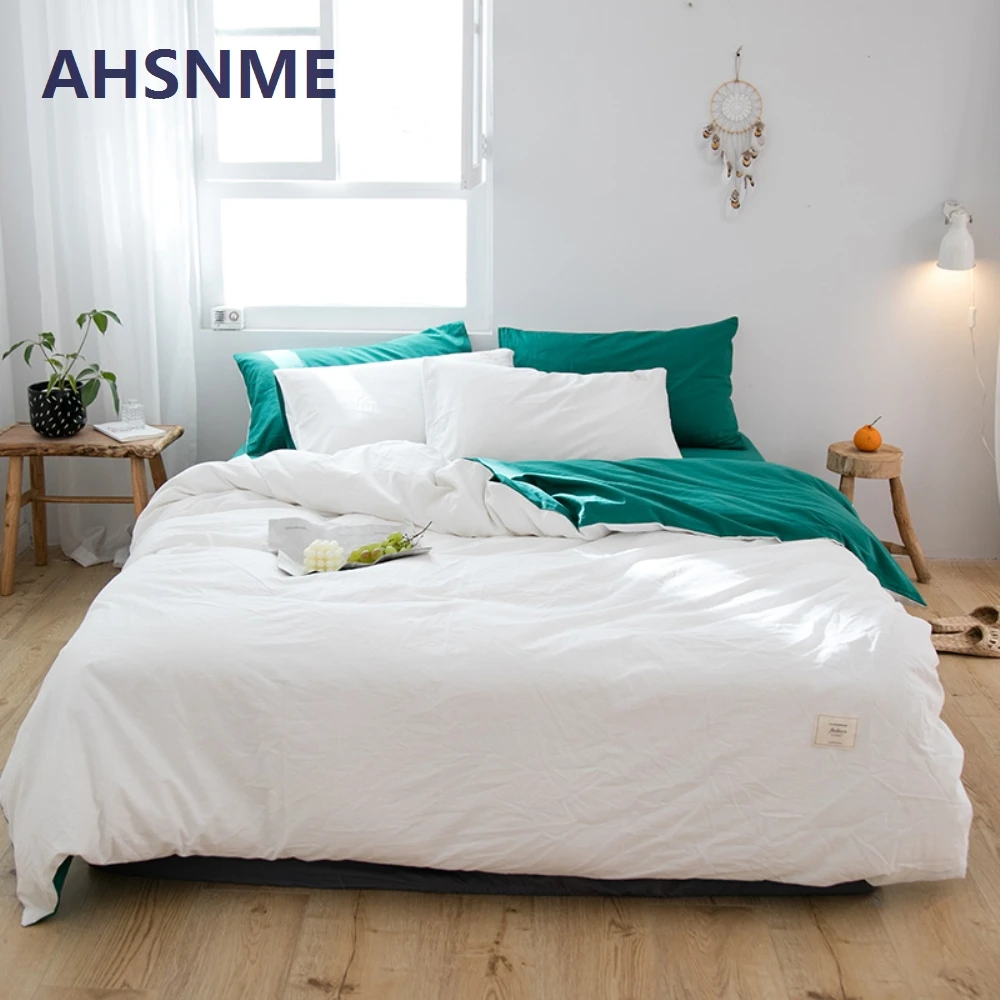 

AHSNME 100% Cotton Bedlinen Super Soft Bedclothes Bedcover White+Green+Pink Duvet Cover Pillowcase Washed comforter bedding sets