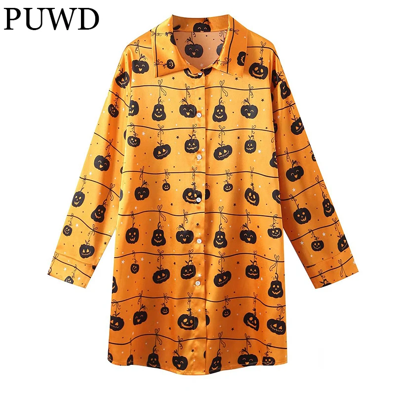 

PUWD Satin Women Halloween Dress Festival Long Sleeve Ladies Mini Dress 2021 Autumn Fashion Turn-down Collar Female Chic Dresses
