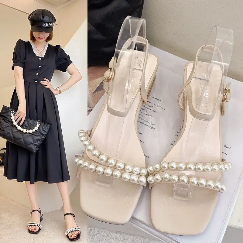 

Сандалии женские с жемчугом, босоножки на высоком каблуке, открытый носок, большой размер, модный дизайн, летняя обувь