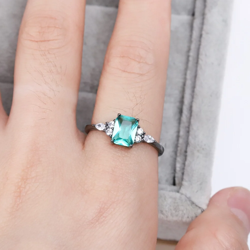 

Best selling European and American S925 Silver Fashion Black Wedding Ring zircon blue square crystal luxury jewelry women's gift