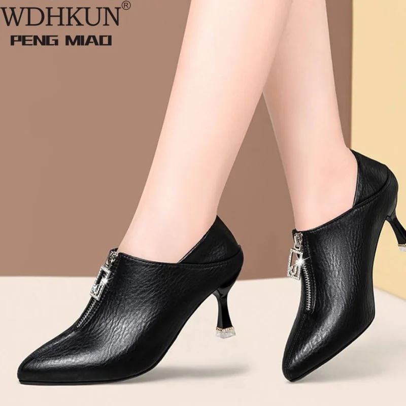 

Spring Autumn High Heels Women New Fashion Rhinestone Shoes Woman Pumps Elegant Thin Heel Black Pointed Female Shoes Metal