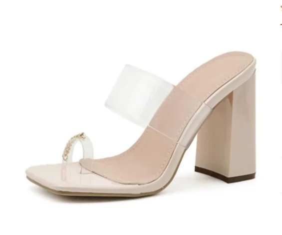 

2021NEW High Heels Women's Sandals 2021 New Hollow Sexy Metal Decoration Transparent Footwear Square Heel Plus Size Party