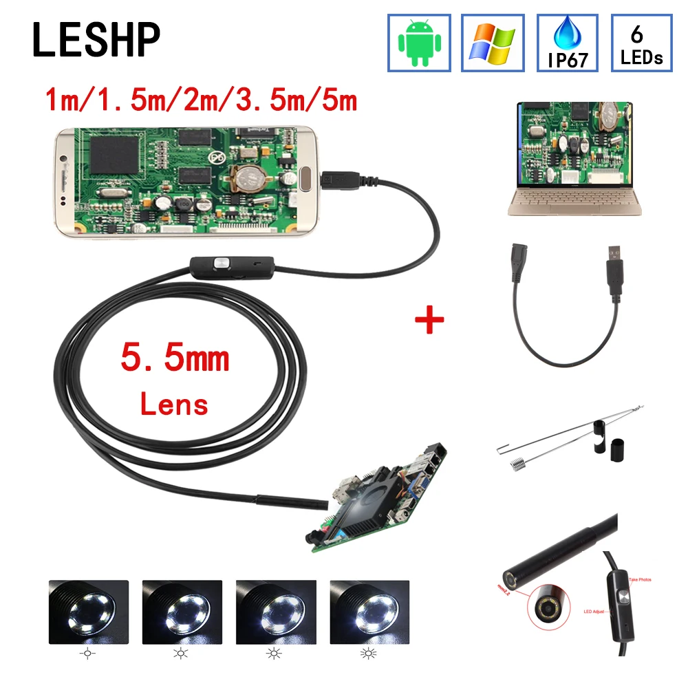 5 мм эндоскоп Камера HD USB с 6 светодиодный 1/1.5/2/3.5/5 м мягкий кабель