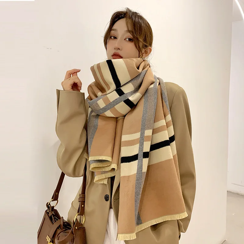 

Winter Plaid Scarf Women Luxury Brand Fashion Wild Long Double-Sided Imitation Cashmere Warm Shawl Cachecol Foulard