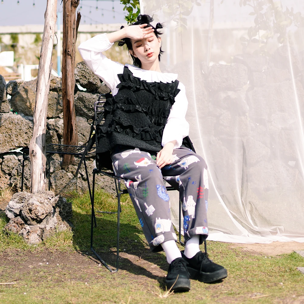 imakokoni original design cartoon print casual wide-leg pants cute Japanese cropped pants