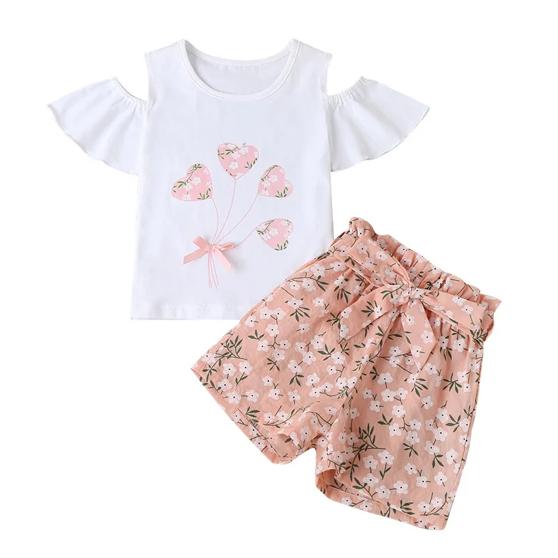 

2021 Winter Children Sets Casual Short Sleeve O Neck Print Heart T-shirt Floral Shorts Girl Boys Clothes Sets 18M-6T