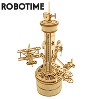 robotime 255pcs diy 3d airplane control tower wooden puzzle game assembly music box toy gift for children kids adult amk41