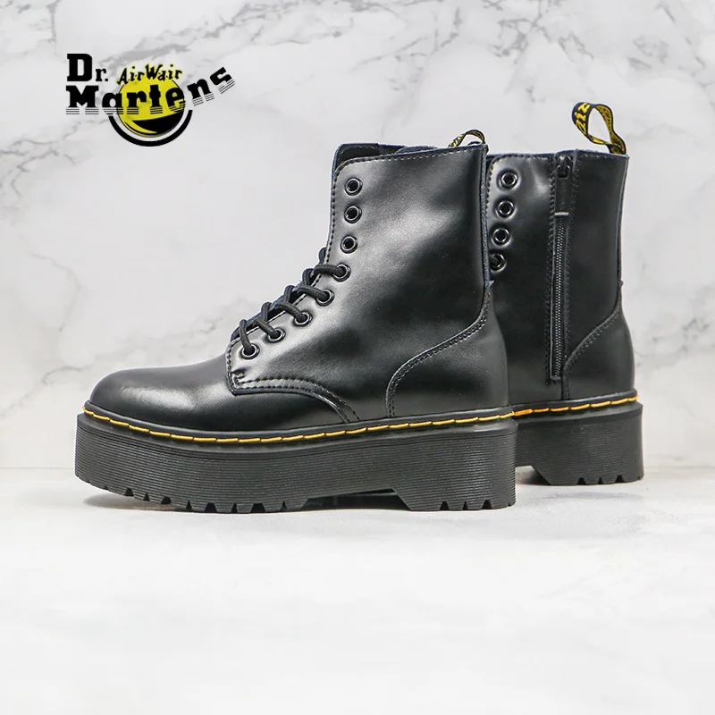 Женские кожаные ботильоны Dr.Martens черные ботинки на толстом каблуке с боковой