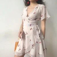 summer french flower cherry print ruffled white dress women lace cross lacing up elegant bow sexy mini girl sundress 2021 robe