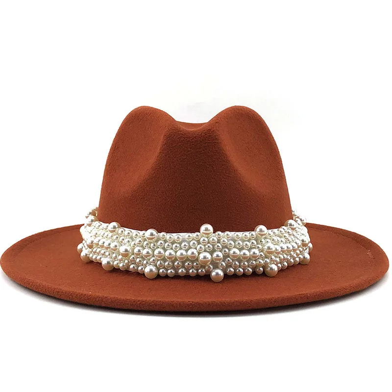

Jazz fedora hat with pearl chain Cap Cowboy Soild Color Winter Felt Panama Hat Big Brim For Men Jazz Hat leapoard round top hat
