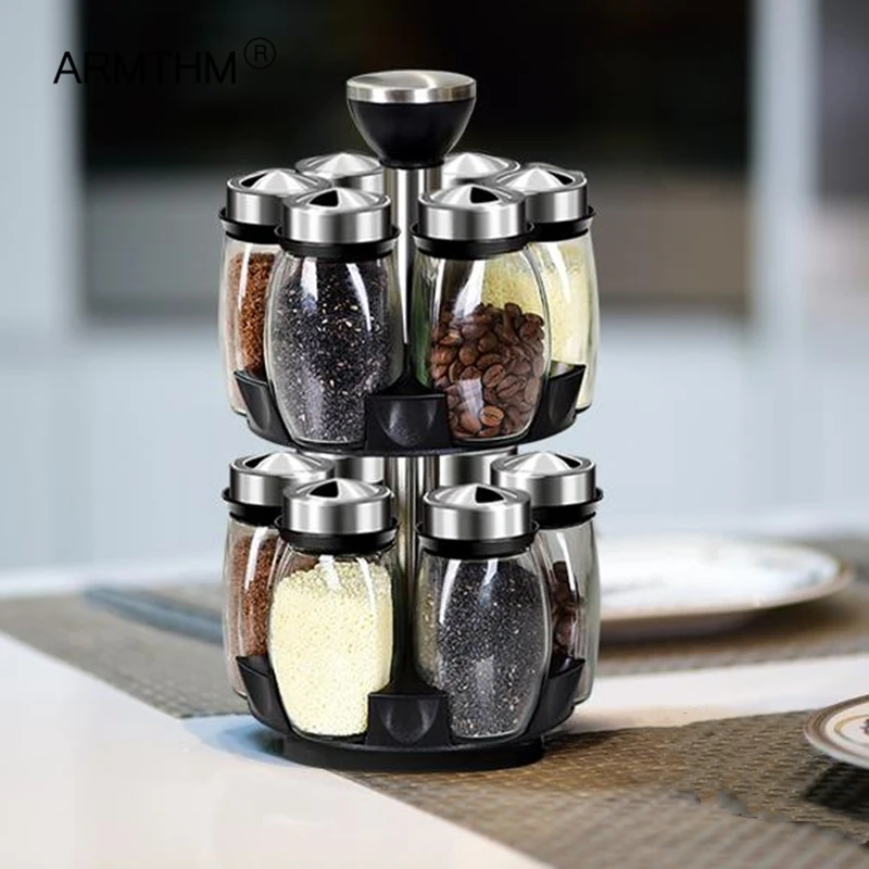 

Rotating Double Deck Seasoning Rack Spices Rotating Glass Cruet Seasoning Jar Set Bbq Pepper Salt Shakers Paprika Bottle Set