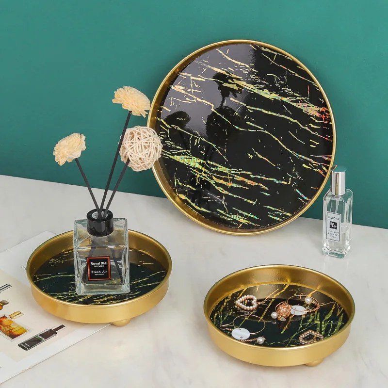 

Nordic Black Marble Pattern Tray Cosmetics Jewelry Storage Tray Metal Round Plate Dressing Table Living Room Decoration