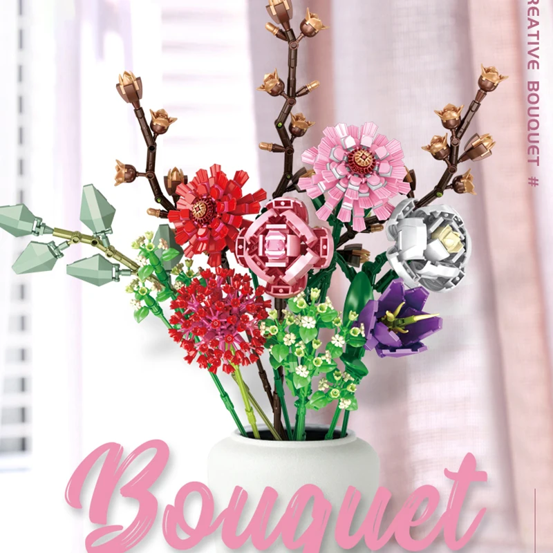 

Technical Ideas Flowers Bouquet Building Blocks Moc Romantic Rose Flower Bricks Home Decoration DIY Toys for Girl Birthday Gift