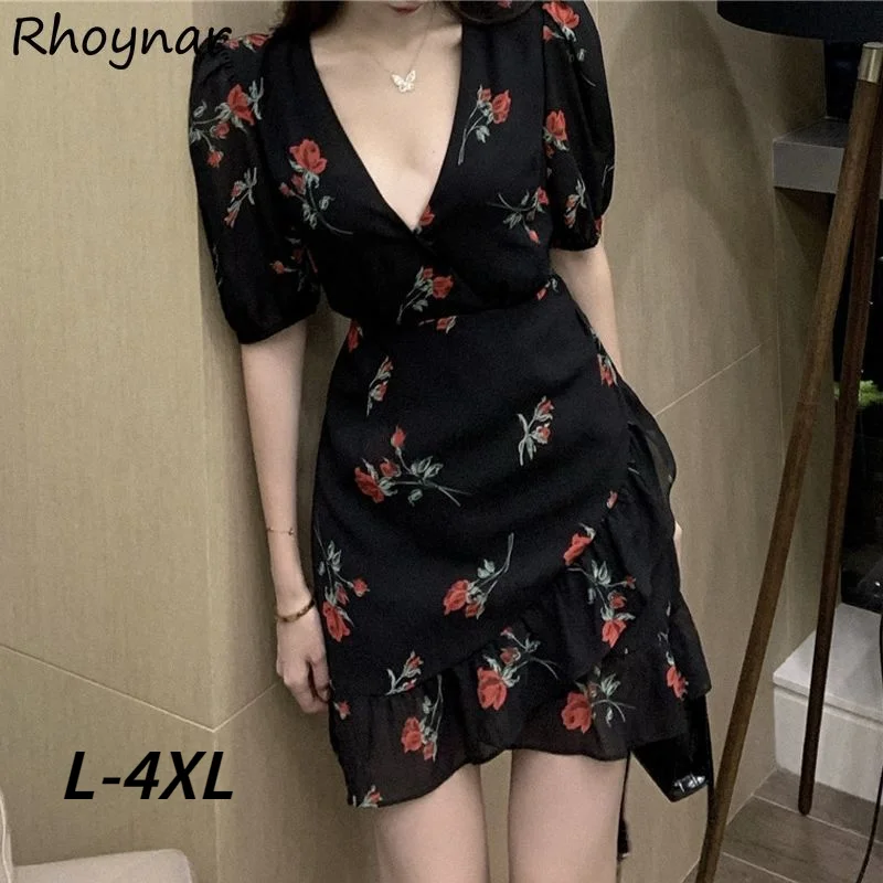 

Платье женское, с коротким рукавом, мешковатое, с V-образным вырезом и принтом, винтажное