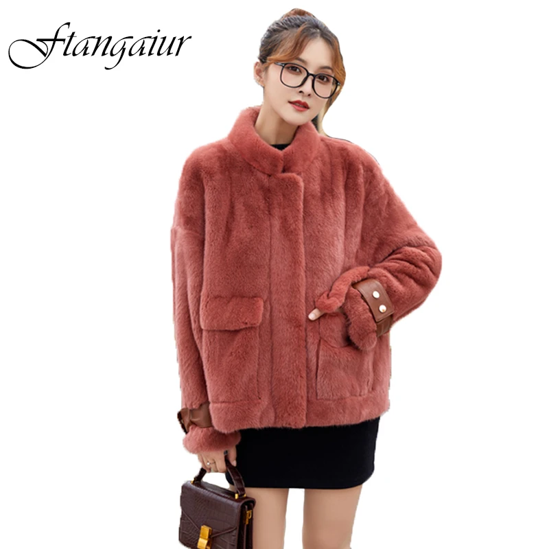 

Ftangaiur Winter Import Velvet Mink Fur Coat Women Short Slim Soft Mandarin Collar Pure Color Natural Real Mink Fur Coats
