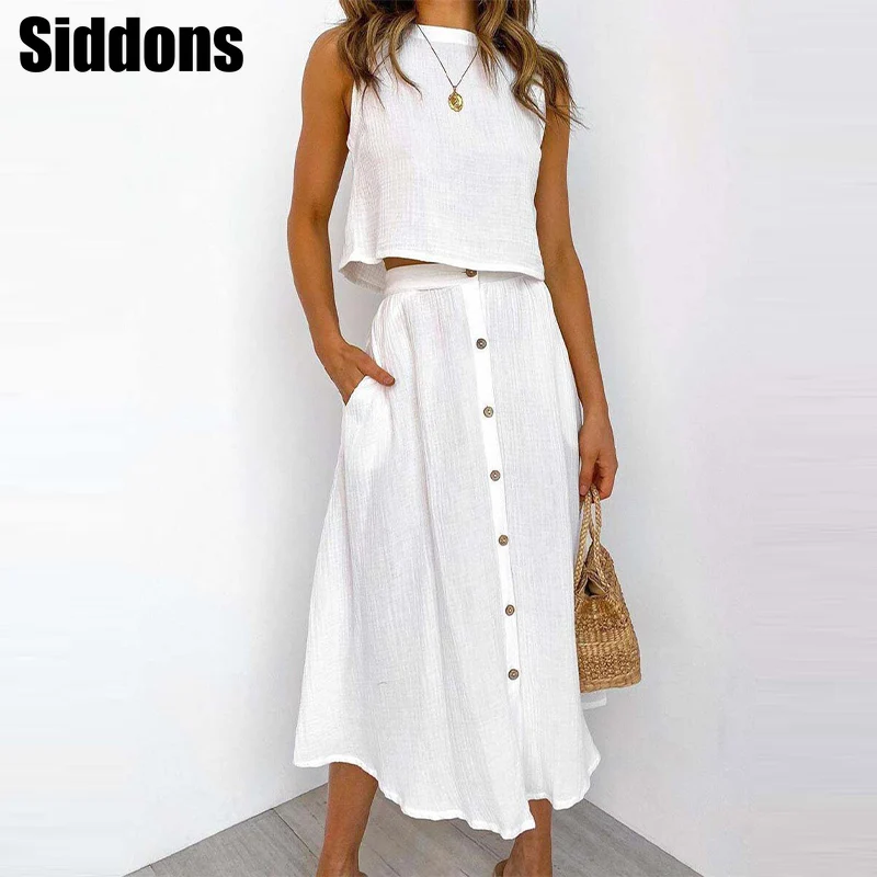 

Women 2 pieces Skirt Set Casual Loose Solid O-neck Sleeveless Camis Top+Single Breasted Midi Skirts Suit