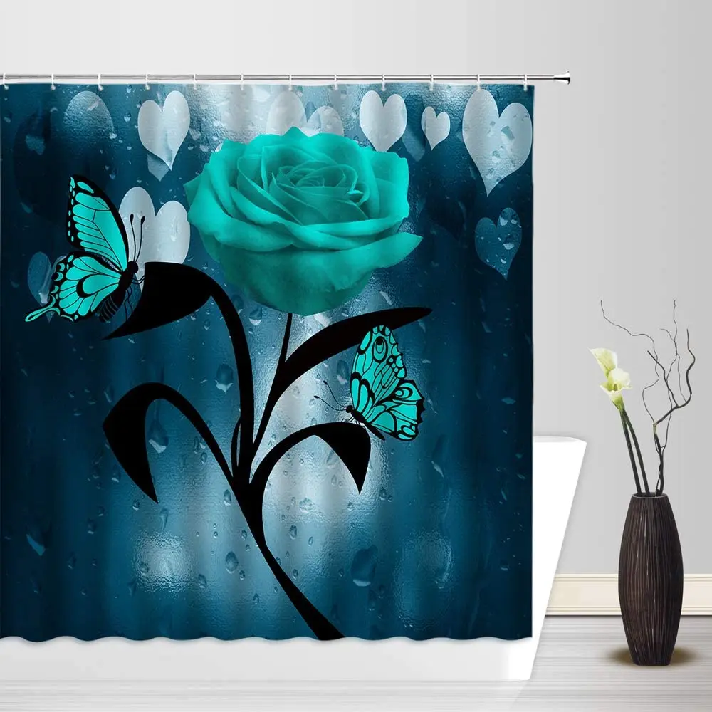 

Teal Rose Shower Curtains Romantic Rose Flower Butterfly Love Heart Rustic Creative Fashion Art Fabric Bathroom Decor Sets Hooks