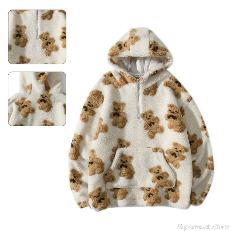 

Men Winter Faux Wool Warm Hoodies Cartoon Bear Print Half Zip Sweatshirt Harajuku Fuzzy Loose Pullover Tunic Top Pocket M16 21