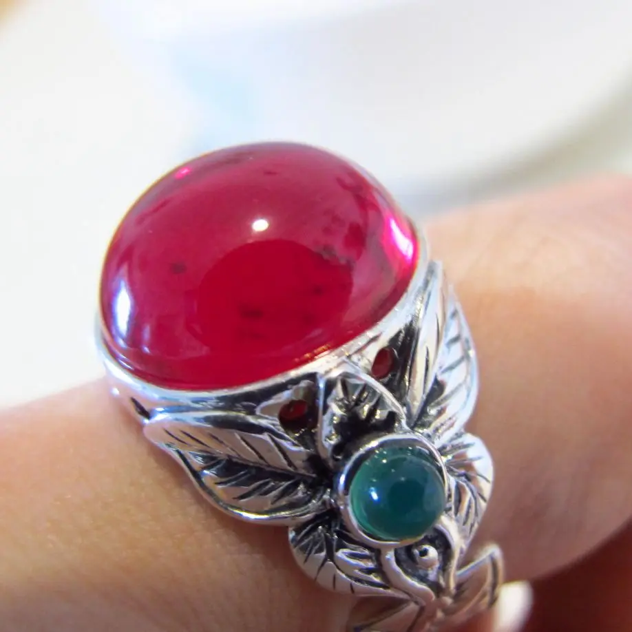 100% 925 STERLING SILVER NATURAL STONE RED CORUNDUM OPEN RINGS RUBY COLOR GREEN CHALCEDONY GEMSTONE RING FOR WOMEN  FINE JEWELRY